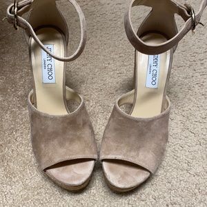 Jimmy Choo nude suede cork wedge with ankle strap